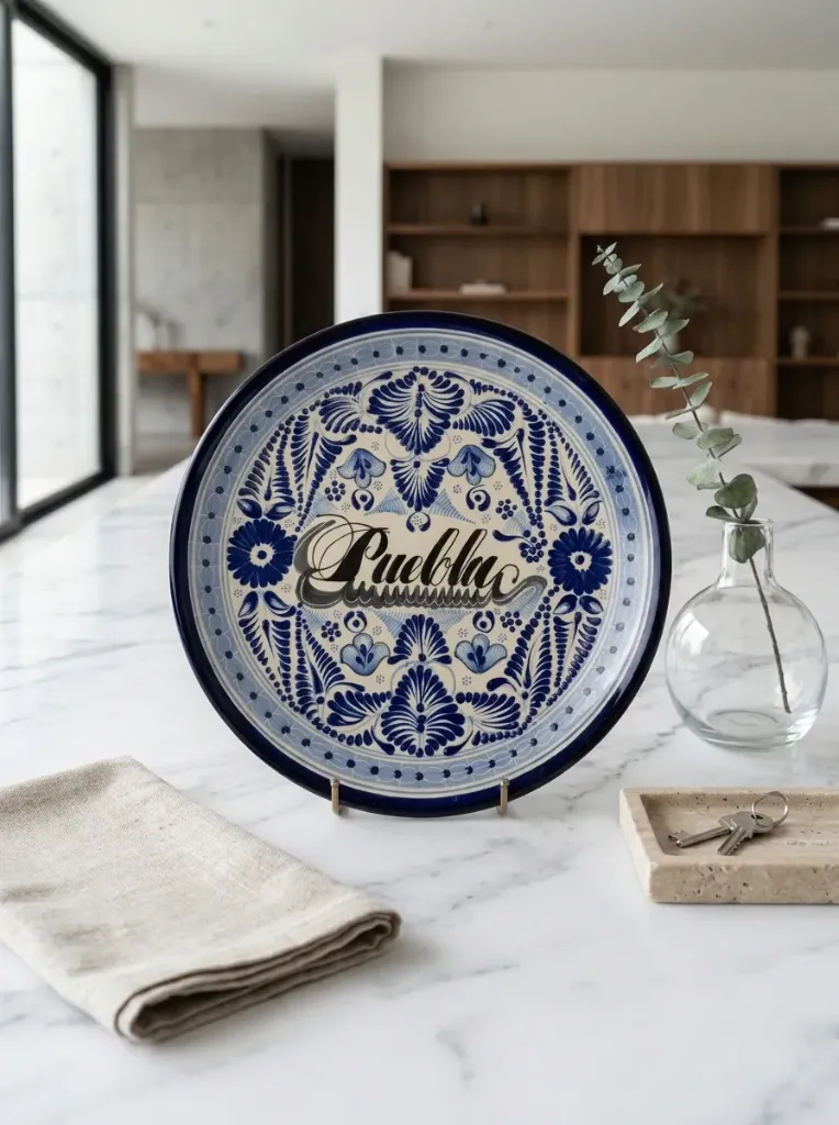 [TAL-PLTR-AZ] Plato Decorativo de Talavera con Letrero "Puebla"