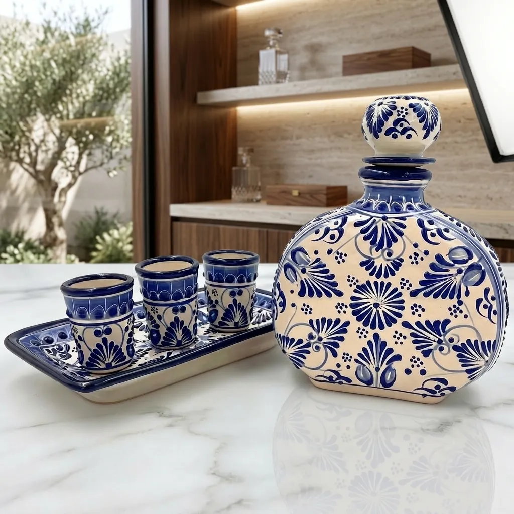 [TAL-SET-LCT-B] Set de Licorera con Charola y 3 Tequileros de Talavera